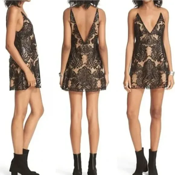 Free People Night Shimmers Lace Sequined Beige and Black Dress - Picture 15 of 15